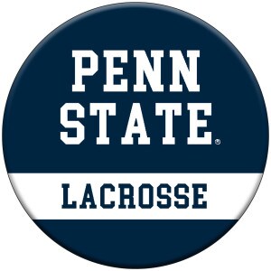 round navy and white button with Penn State Lacrosse